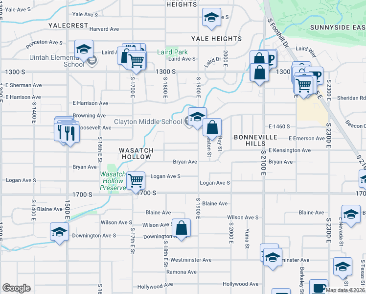 map of restaurants, bars, coffee shops, grocery stores, and more near 1831 Kensington Avenue in Salt Lake City