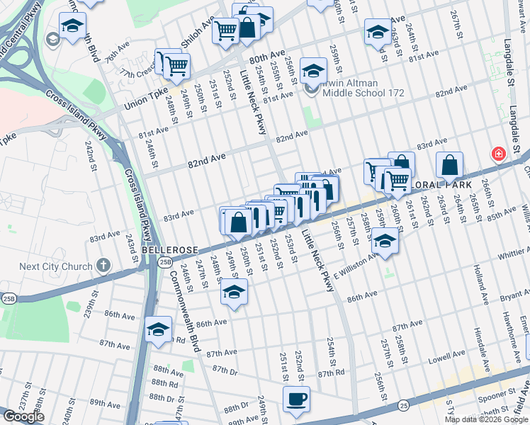 map of restaurants, bars, coffee shops, grocery stores, and more near 83-19 252nd Street in Queens