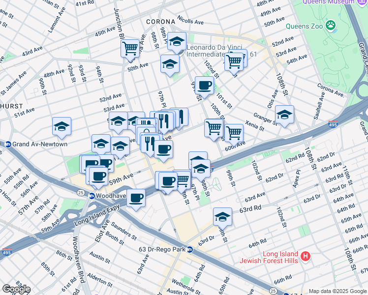 map of restaurants, bars, coffee shops, grocery stores, and more near 97-20 57th Avenue in Queens