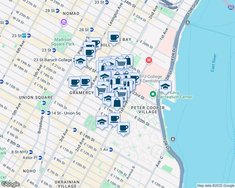 map of restaurants, bars, coffee shops, grocery stores, and more near 320 East 23rd Street in New York
