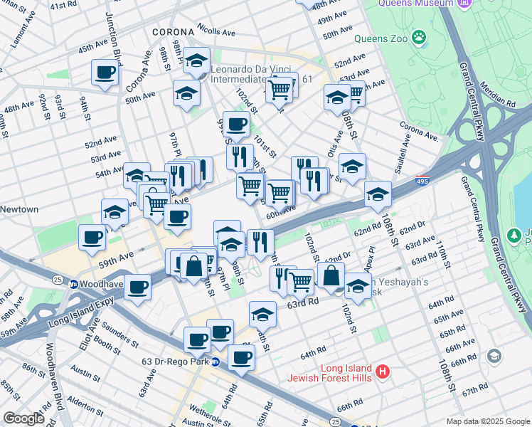 map of restaurants, bars, coffee shops, grocery stores, and more near 99-11 60th Avenue in Queens