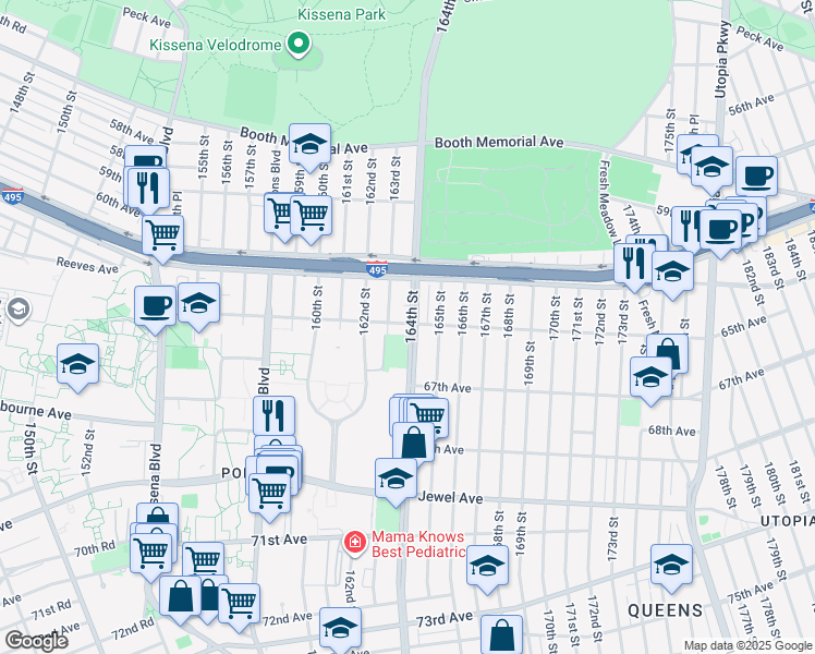 map of restaurants, bars, coffee shops, grocery stores, and more near 65-02 164th Street in Queens