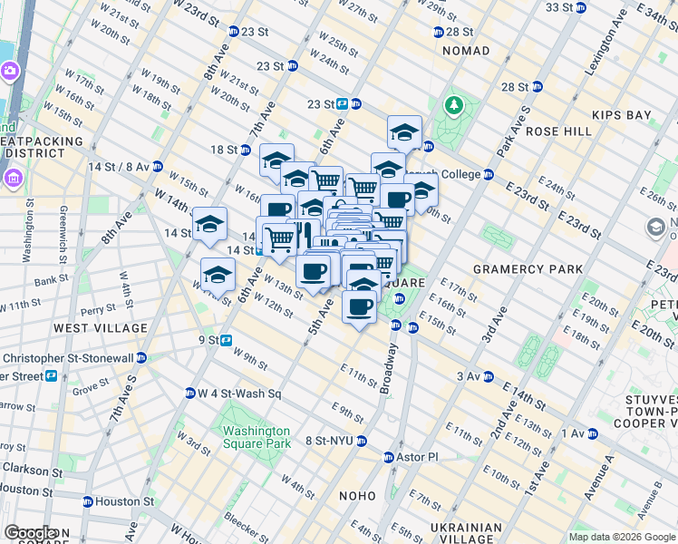 map of restaurants, bars, coffee shops, grocery stores, and more near 110 5th Avenue in New York