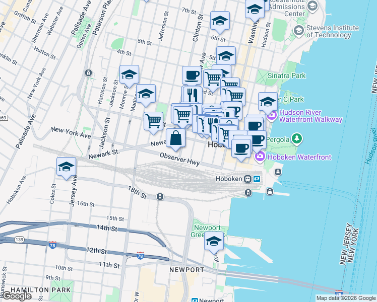 map of restaurants, bars, coffee shops, grocery stores, and more near 72 Park Avenue in Hoboken