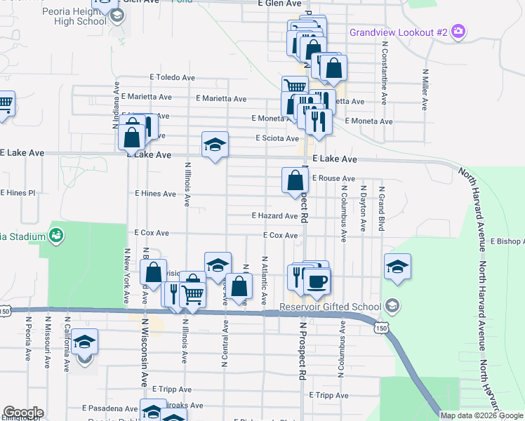 map of restaurants, bars, coffee shops, grocery stores, and more near 1110 East Hines Avenue in Peoria Heights