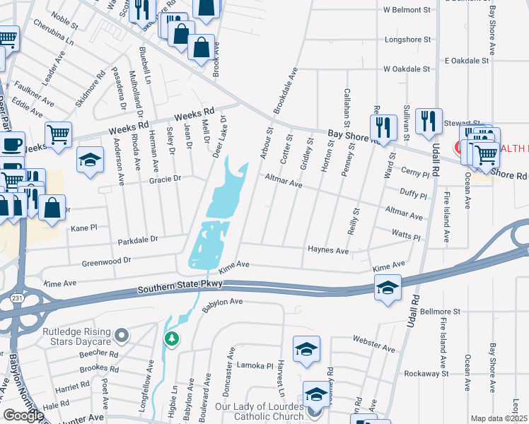 map of restaurants, bars, coffee shops, grocery stores, and more near 22 Cotter Street in West Islip