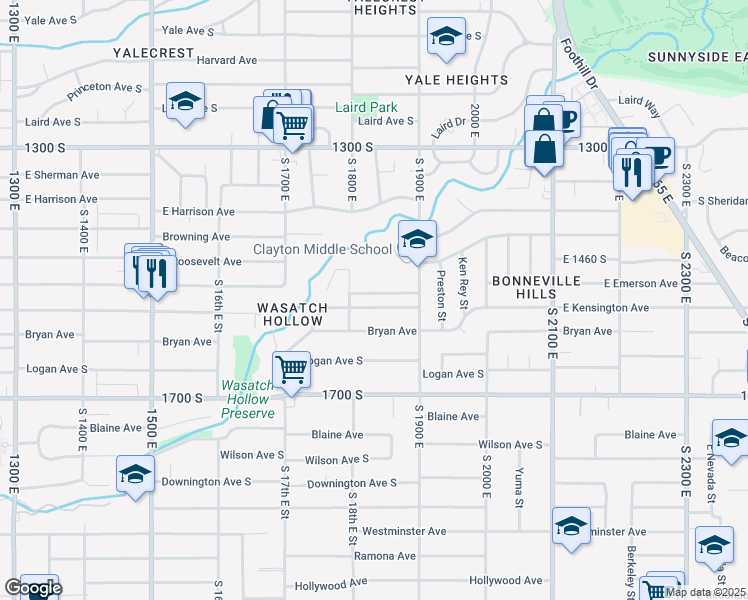 map of restaurants, bars, coffee shops, grocery stores, and more near 1831 Kensington Ave in Salt Lake City