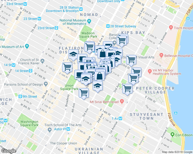 map of restaurants, bars, coffee shops, grocery stores, and more near 127 East 19th Street in New York