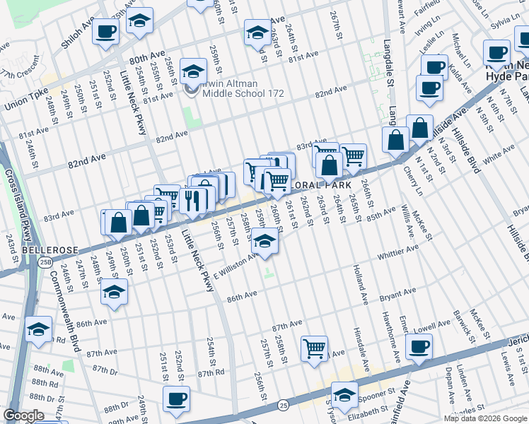 map of restaurants, bars, coffee shops, grocery stores, and more near 259-20 Hillside Avenue in Queens