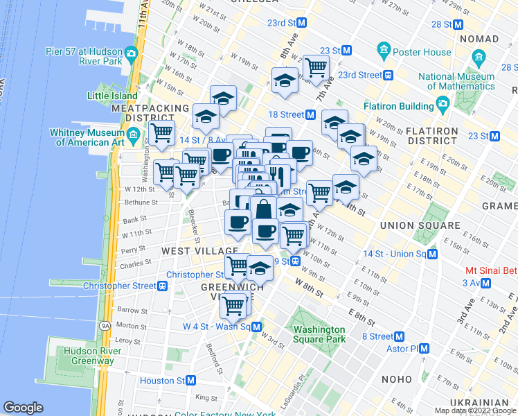map of restaurants, bars, coffee shops, grocery stores, and more near 3 7th Avenue in New York