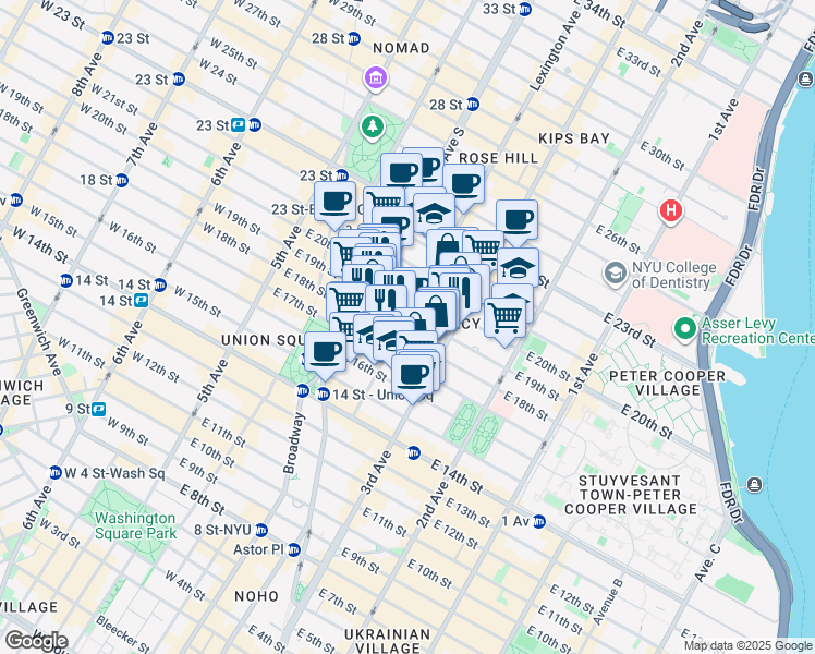 map of restaurants, bars, coffee shops, grocery stores, and more near 127 East 19th Street in New York