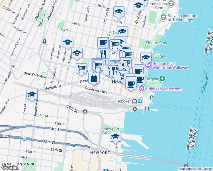 map of restaurants, bars, coffee shops, grocery stores, and more near 72 Park Avenue in Hoboken