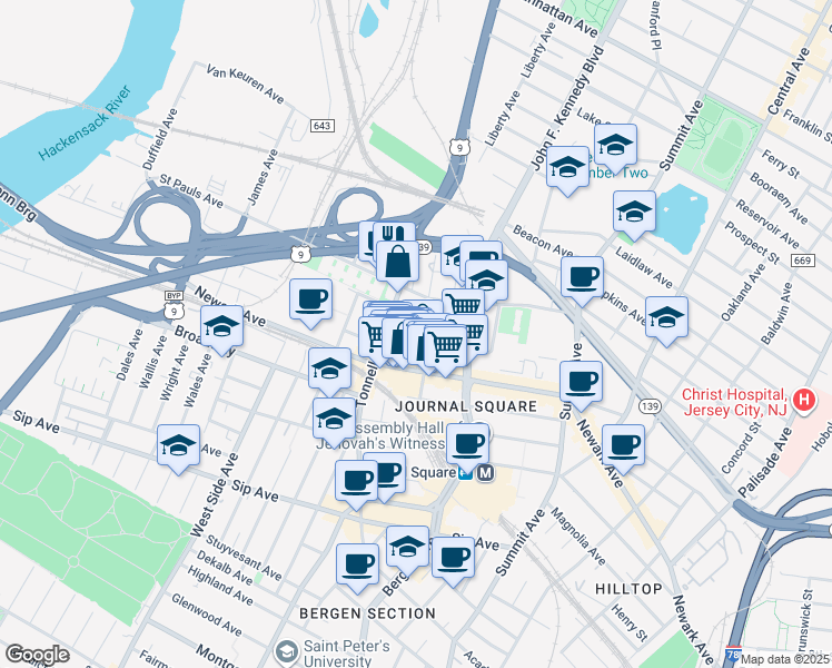 map of restaurants, bars, coffee shops, grocery stores, and more near 17 Berkeley Place in Jersey City