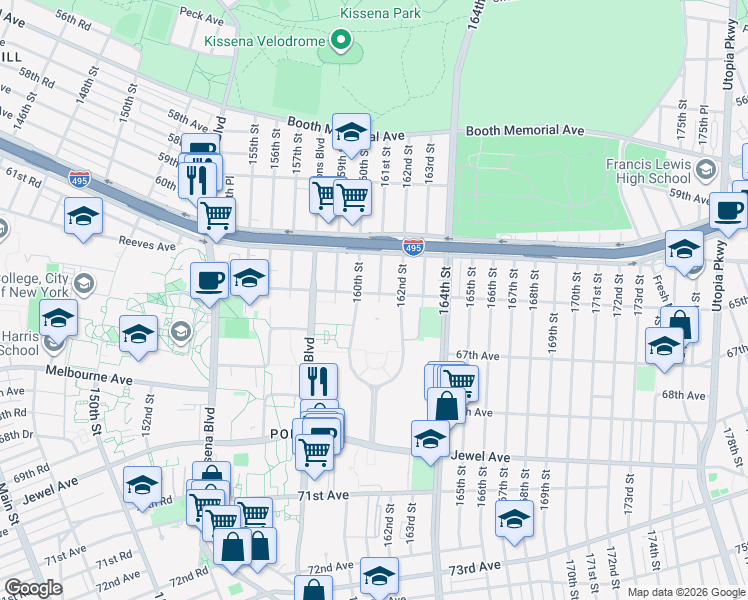 map of restaurants, bars, coffee shops, grocery stores, and more near 65-4 161st Street in Queens