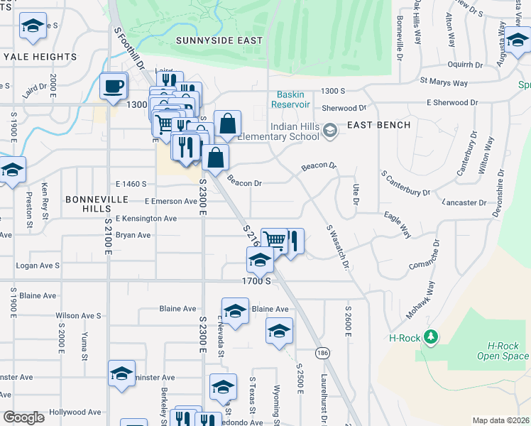 map of restaurants, bars, coffee shops, grocery stores, and more near 1501 South 2400 East in Salt Lake City
