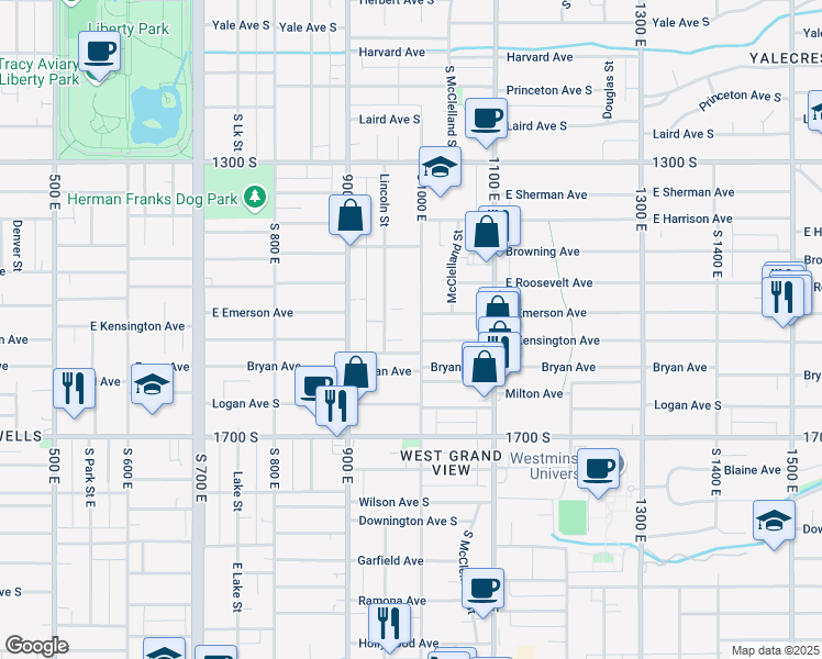 map of restaurants, bars, coffee shops, grocery stores, and more near 1500 South 1000 East in Salt Lake City