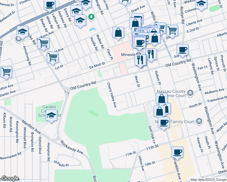 map of restaurants, bars, coffee shops, grocery stores, and more near 258 Cherry Valley Avenue in Garden City