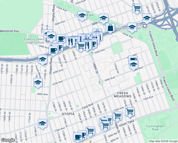 map of restaurants, bars, coffee shops, grocery stores, and more near 67-5H 186th Lane in Queens