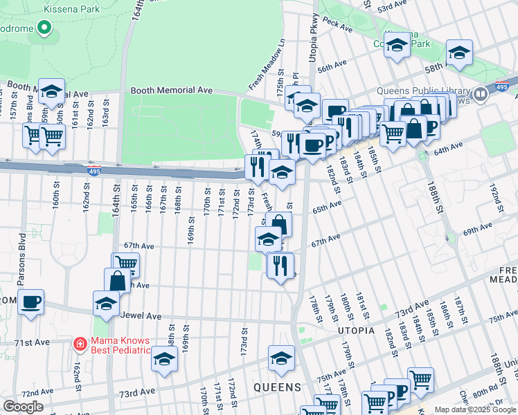 map of restaurants, bars, coffee shops, grocery stores, and more near 61-43 Fresh Meadow Lane in Queens