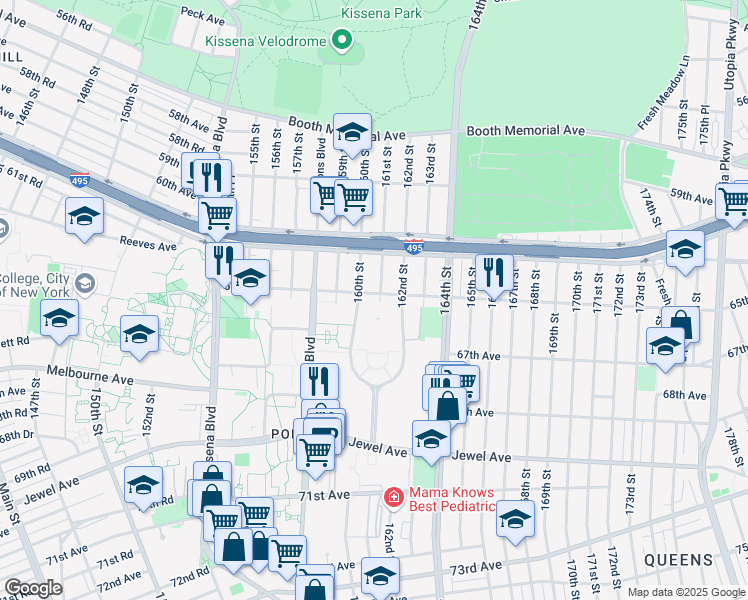 map of restaurants, bars, coffee shops, grocery stores, and more near 161-03 65th Avenue in Queens