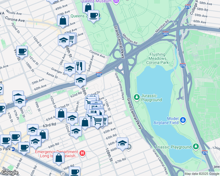 map of restaurants, bars, coffee shops, grocery stores, and more near 110-23 62nd Drive in Queens