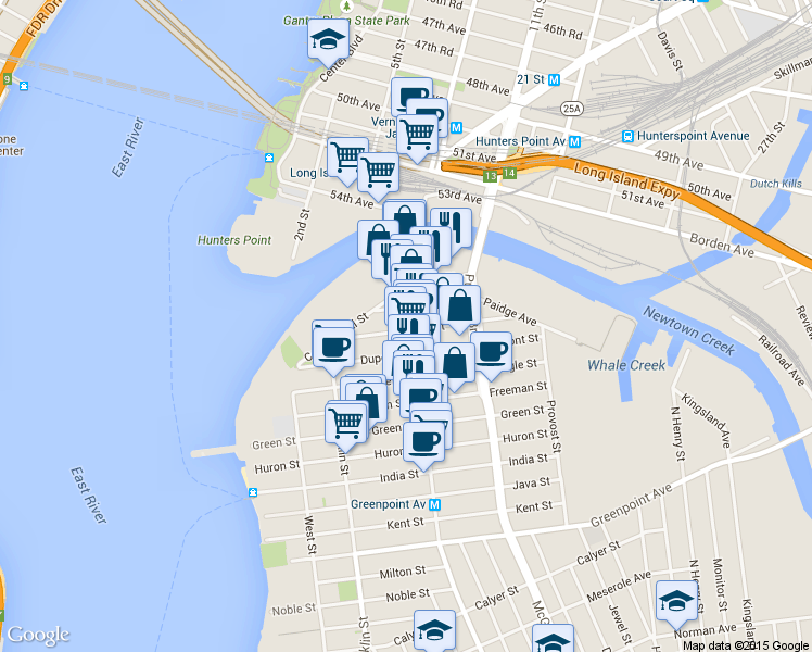 map of restaurants, bars, coffee shops, grocery stores, and more near 18 Box Street in Brooklyn