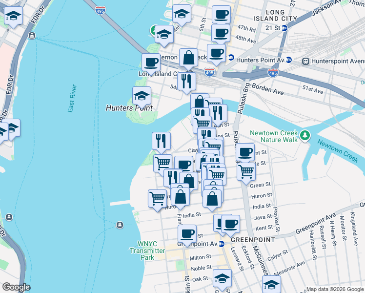 map of restaurants, bars, coffee shops, grocery stores, and more near 65 Commercial Street in Brooklyn