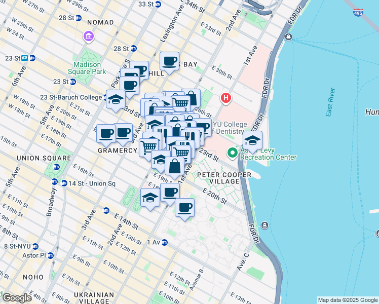 map of restaurants, bars, coffee shops, grocery stores, and more near 320 East 23rd Street in New York