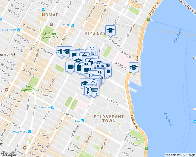 map of restaurants, bars, coffee shops, grocery stores, and more near 320 East 23rd Street in New York