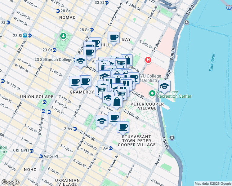 map of restaurants, bars, coffee shops, grocery stores, and more near 320 East 23rd Street in New York