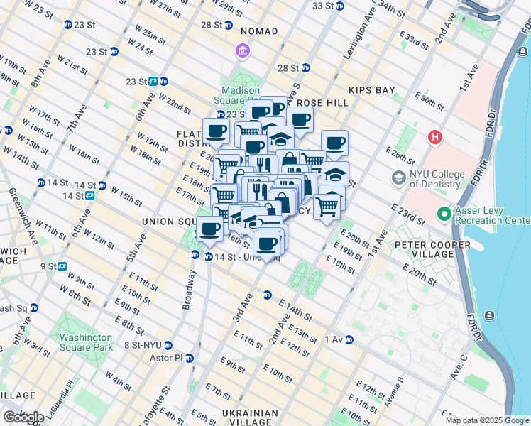 map of restaurants, bars, coffee shops, grocery stores, and more near 127 East 19th Street in New York