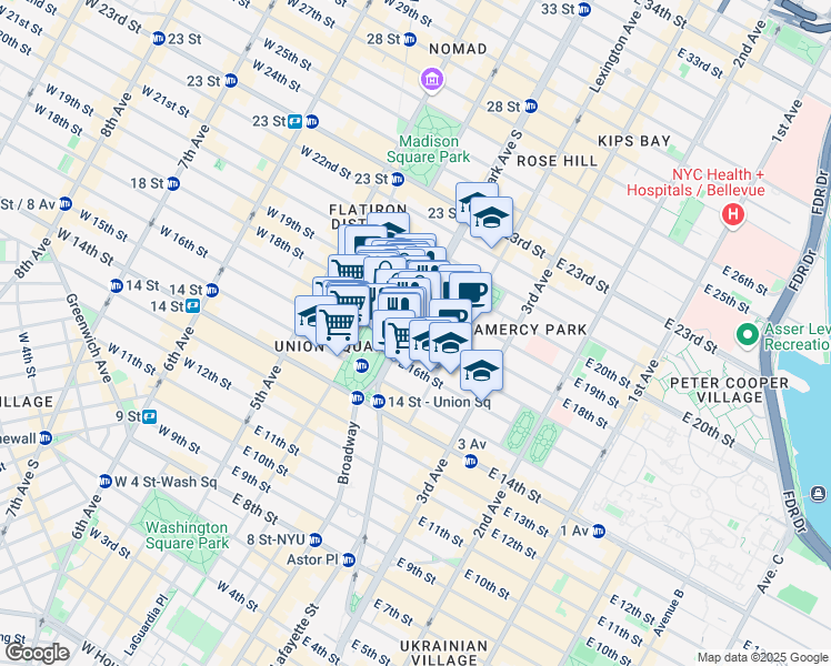 map of restaurants, bars, coffee shops, grocery stores, and more near 37 East 18th Street in New York