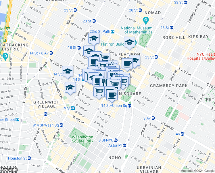 map of restaurants, bars, coffee shops, grocery stores, and more near 110 5th Avenue in New York