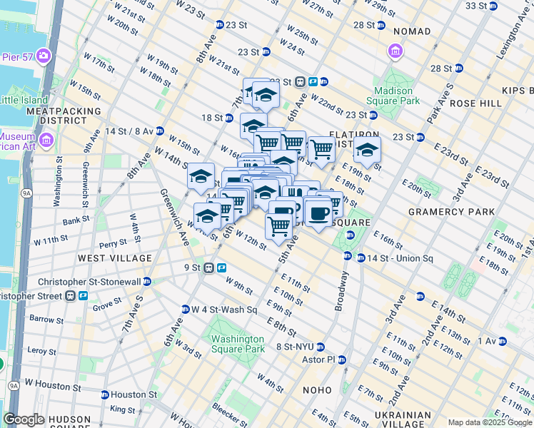 map of restaurants, bars, coffee shops, grocery stores, and more near 31 West 14th Street in New York