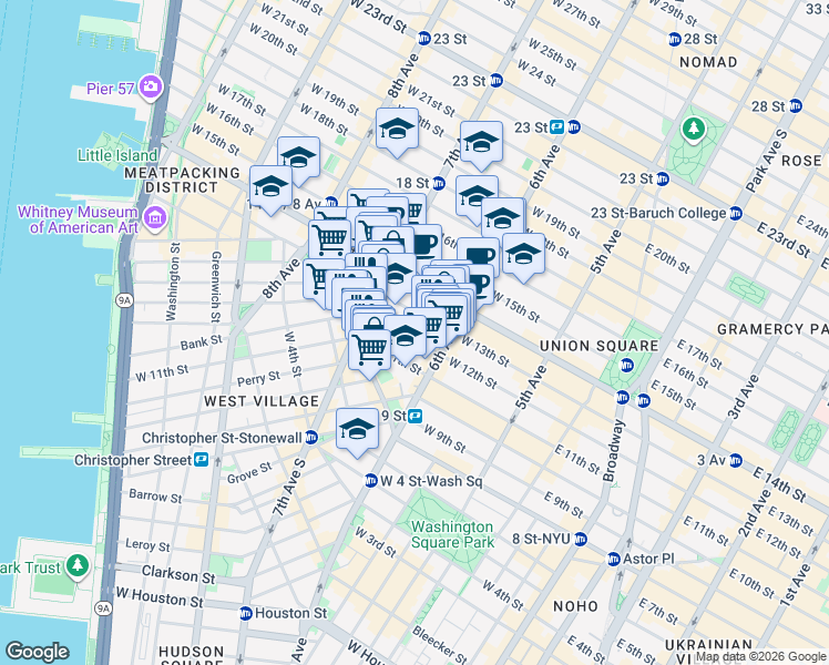 map of restaurants, bars, coffee shops, grocery stores, and more near 157 West 12th Street in New York