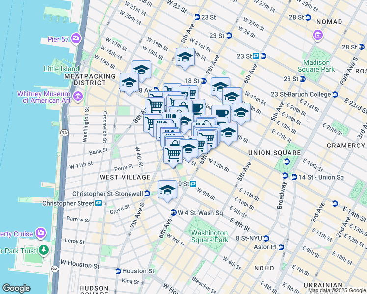 map of restaurants, bars, coffee shops, grocery stores, and more near 157 West 12th Street in New York
