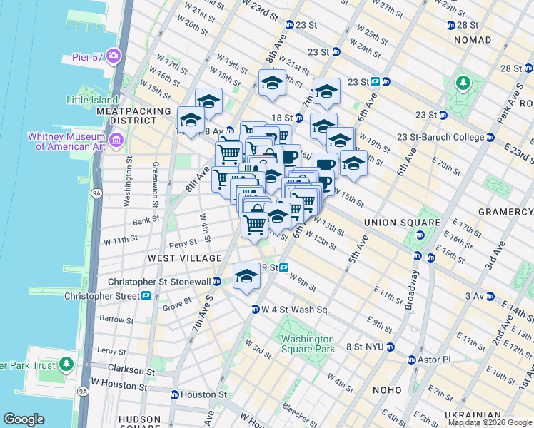 map of restaurants, bars, coffee shops, grocery stores, and more near 157 West 12th Street in New York