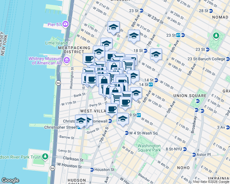 map of restaurants, bars, coffee shops, grocery stores, and more near 18 Bank Street in New York