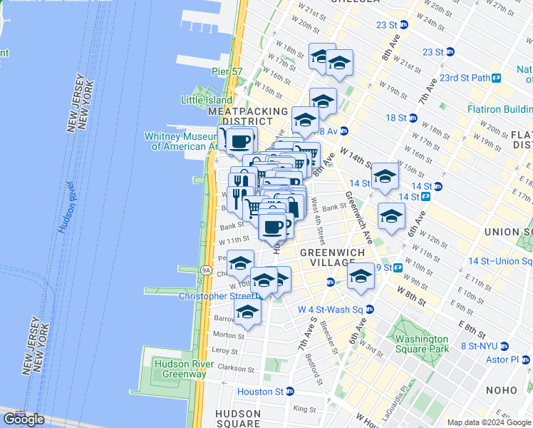 map of restaurants, bars, coffee shops, grocery stores, and more near 20 Bethune Street in New York