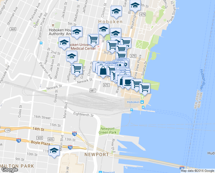 map of restaurants, bars, coffee shops, grocery stores, and more near 163 Newark Street in Hoboken