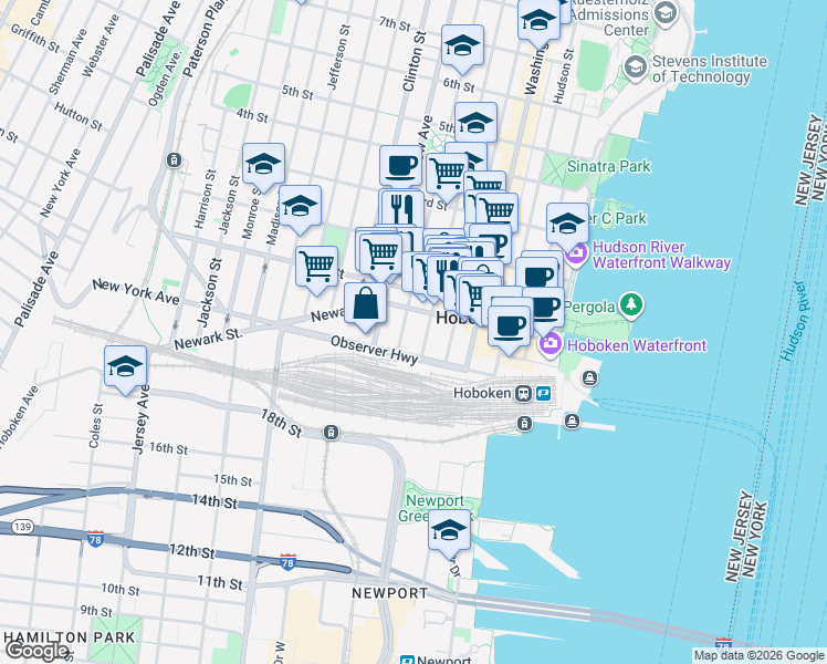 map of restaurants, bars, coffee shops, grocery stores, and more near 72 Park Avenue in Hoboken
