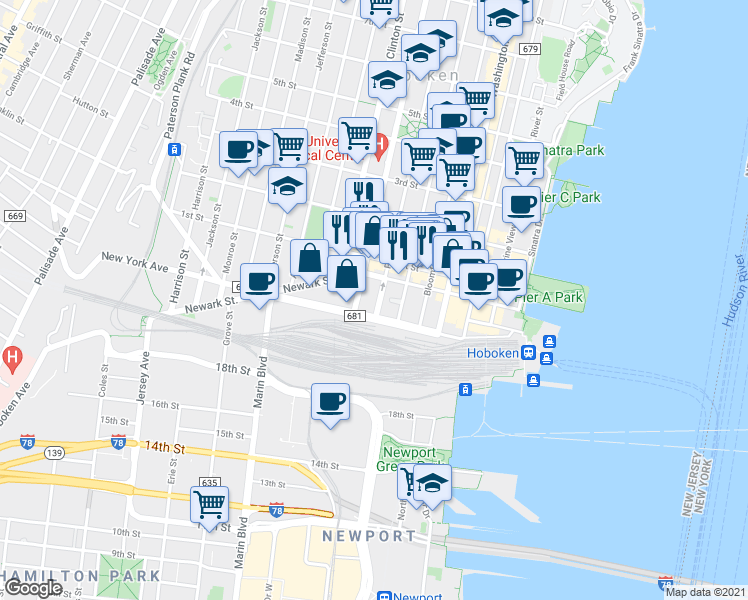 map of restaurants, bars, coffee shops, grocery stores, and more near 72 Park Avenue in Hoboken