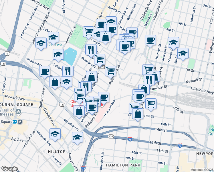 map of restaurants, bars, coffee shops, grocery stores, and more near 235 Palisade Avenue in Jersey City