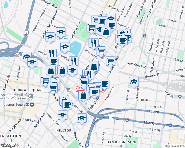 map of restaurants, bars, coffee shops, grocery stores, and more near 61 Jefferson Avenue in Jersey City