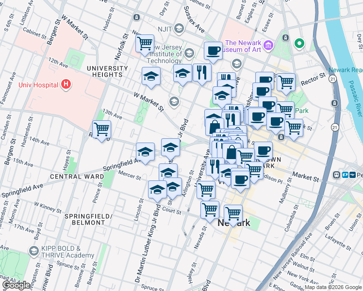 map of restaurants, bars, coffee shops, grocery stores, and more near 479 Doctor Martin Luther King Junior Boulevard in Newark