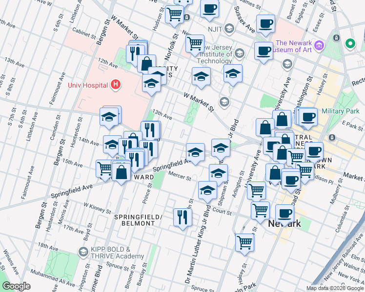 map of restaurants, bars, coffee shops, grocery stores, and more near 59 South Orange Avenue in Newark
