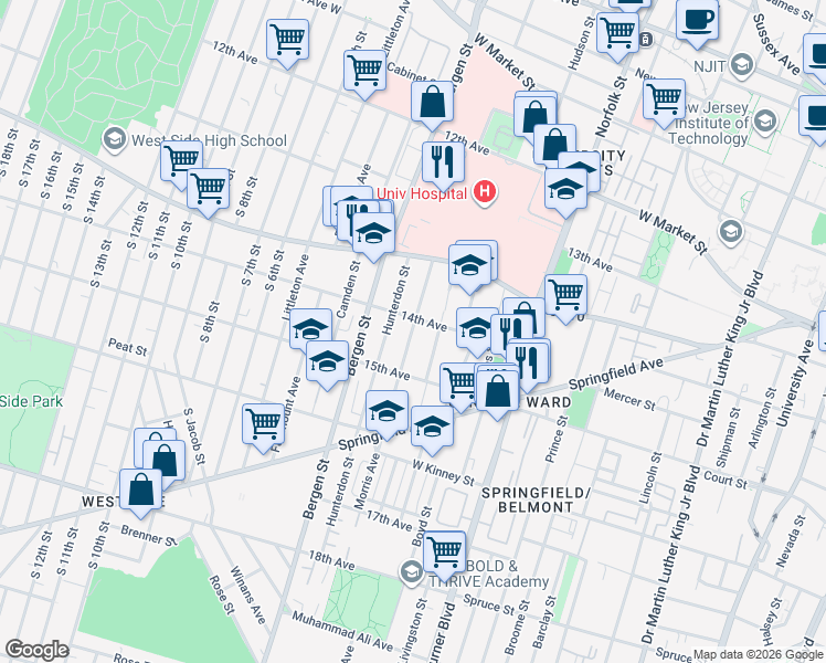 map of restaurants, bars, coffee shops, grocery stores, and more near 55 14th Avenue in Newark