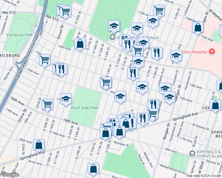map of restaurants, bars, coffee shops, grocery stores, and more near 488 South 12th Street in Newark