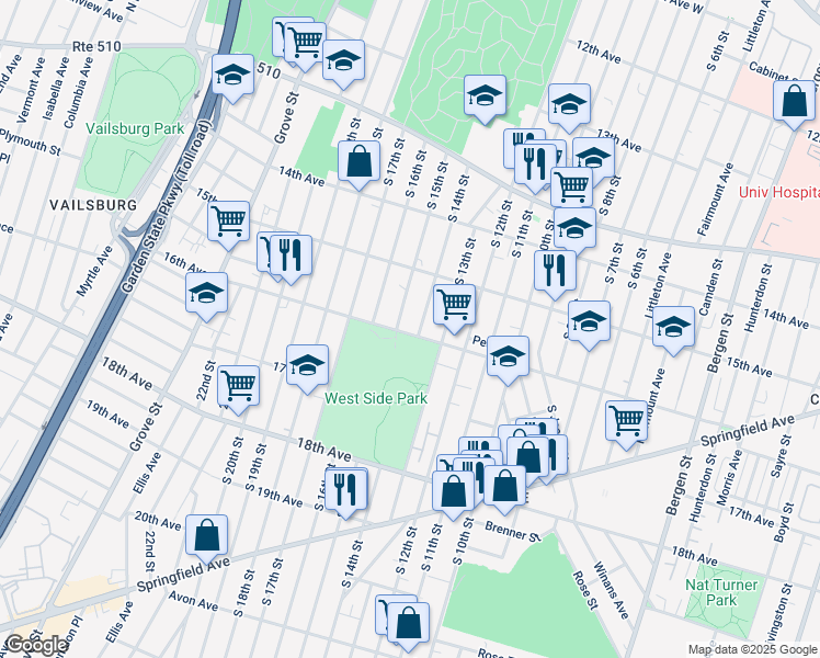 map of restaurants, bars, coffee shops, grocery stores, and more near 522-526 15th Avenue in Newark