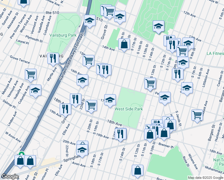 map of restaurants, bars, coffee shops, grocery stores, and more near 560 South 18th Street in Newark